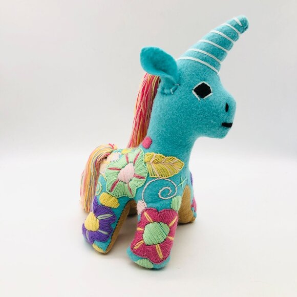 Mexican Folk Art Plush Unicorn Stuffed Animal Hand Embroidered Floral Colorful - Picture 3 of 12